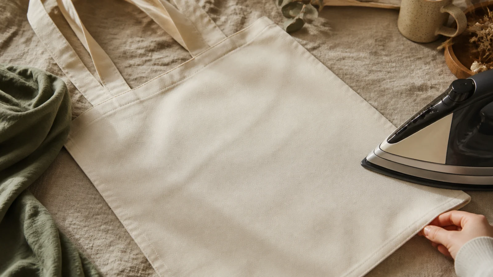 A freshly washed natural cream canvas tote being ironed flat on an ironing board, smooth and ready to paint.