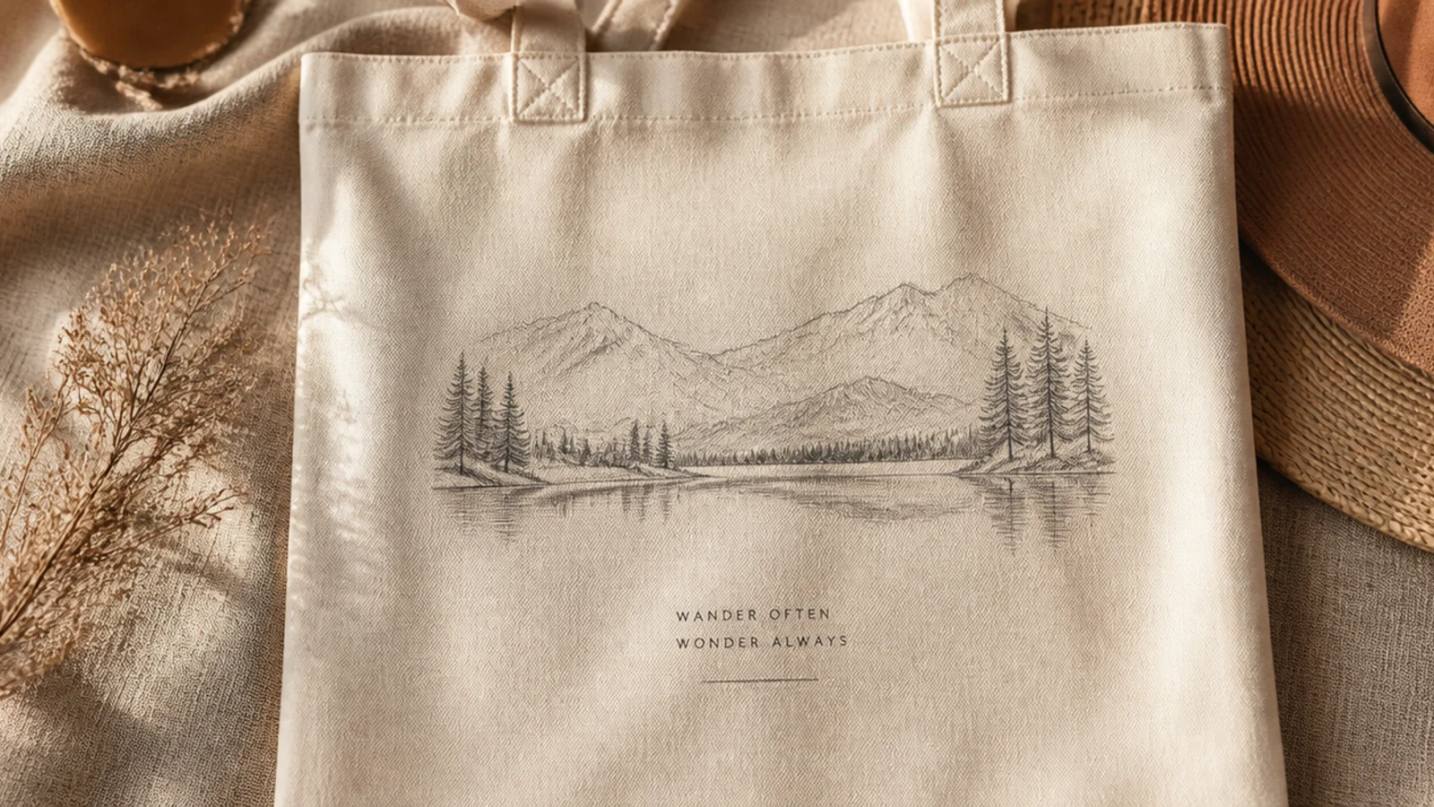 A cream canvas tote laid flat with a piece of cardboard slid inside and a light pencil sketch of a design on the front.