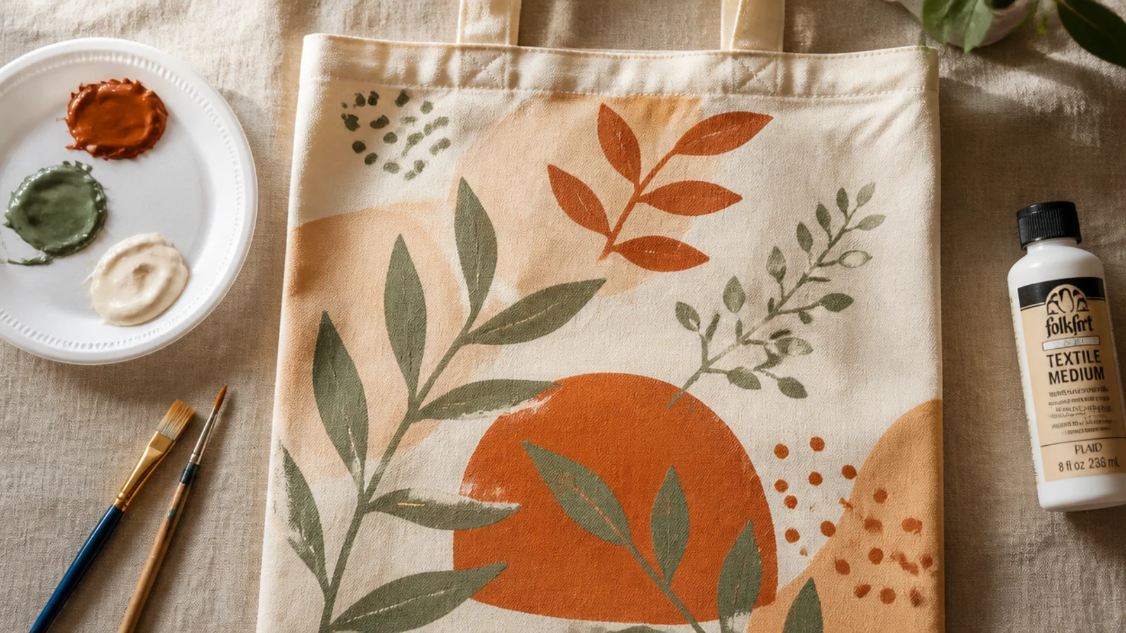 A foam plate palette with dollops of fabric paint in terracotta, sage, and cream beside brushes and a bottle of textile medium.