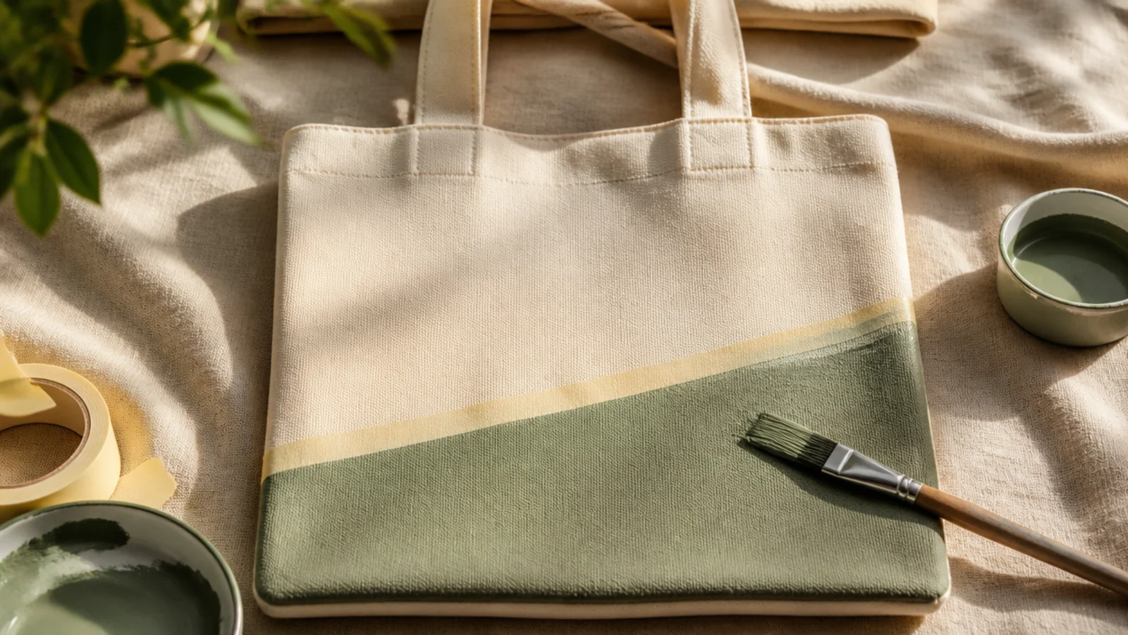 A cream canvas tote with a sage color block being painted in a smooth thin coat, painter's tape masking a clean edge.