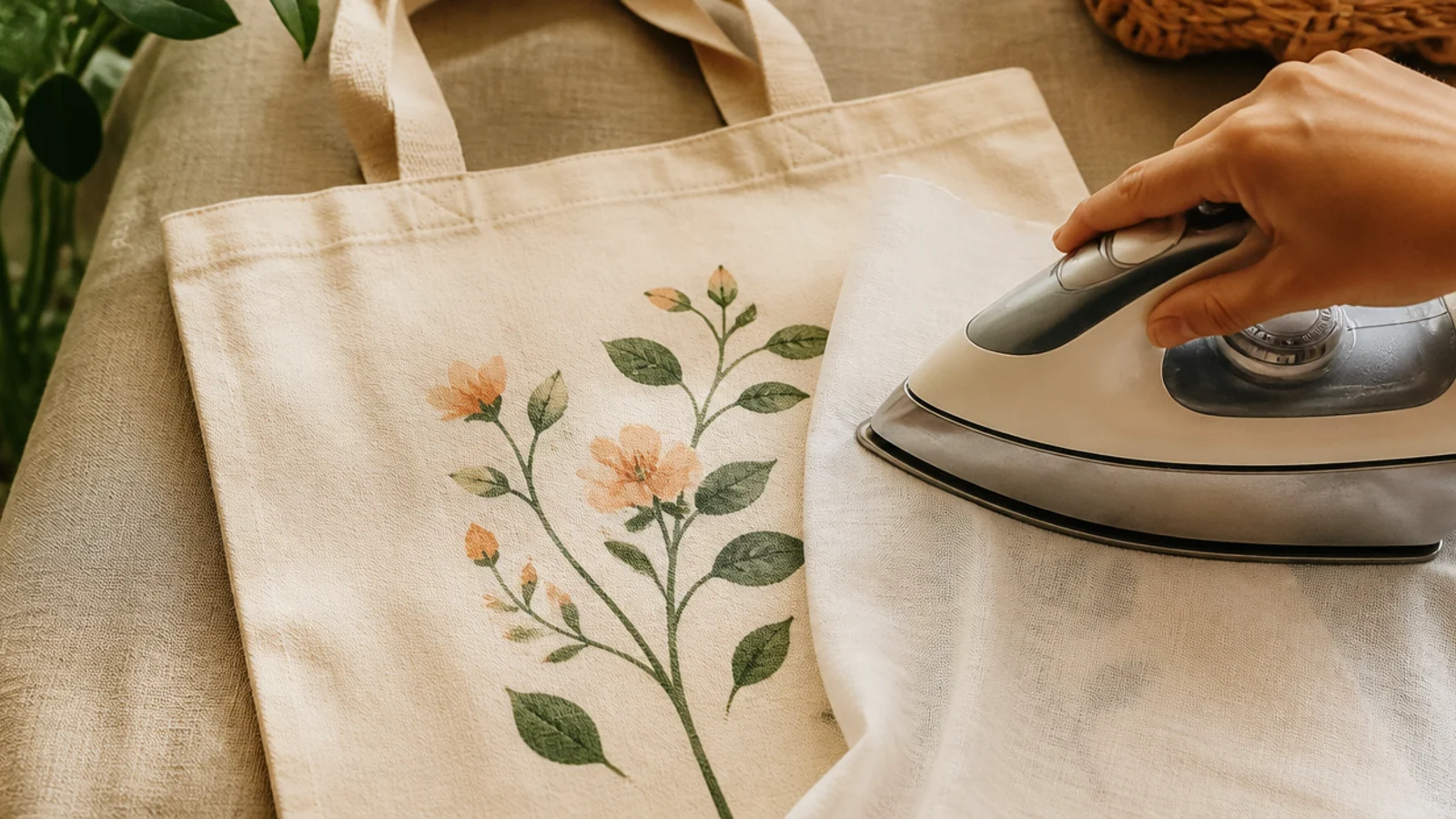A finished painted canvas tote being pressed with an iron through a thin cotton cloth to heat-set the design.