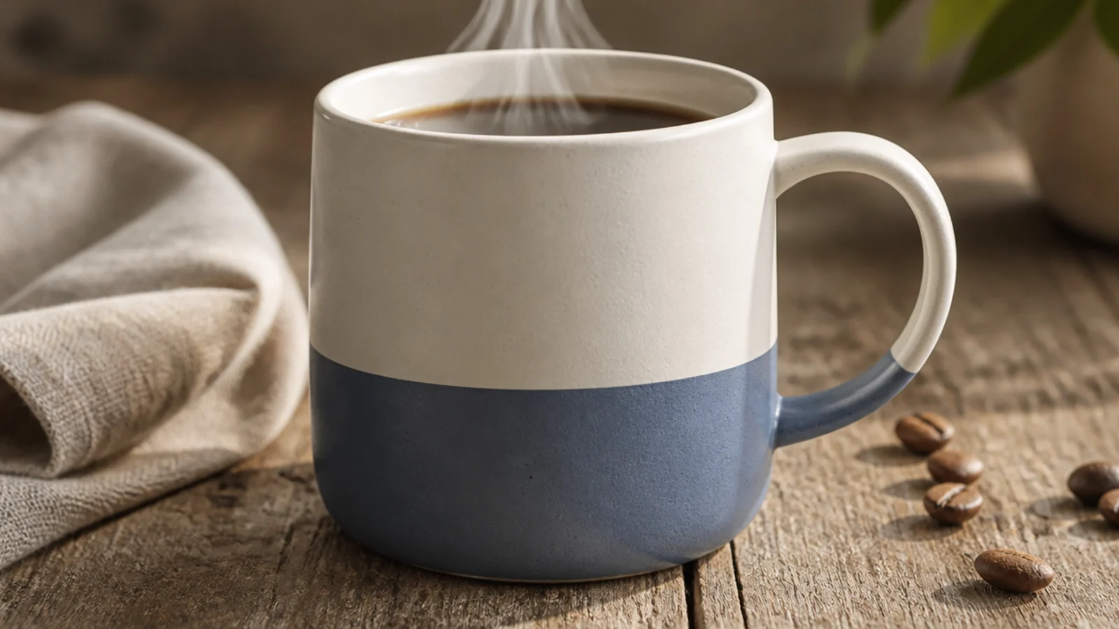A white ceramic mug with the bottom third painted a solid dusty-blue in one clean level band, the top left white.