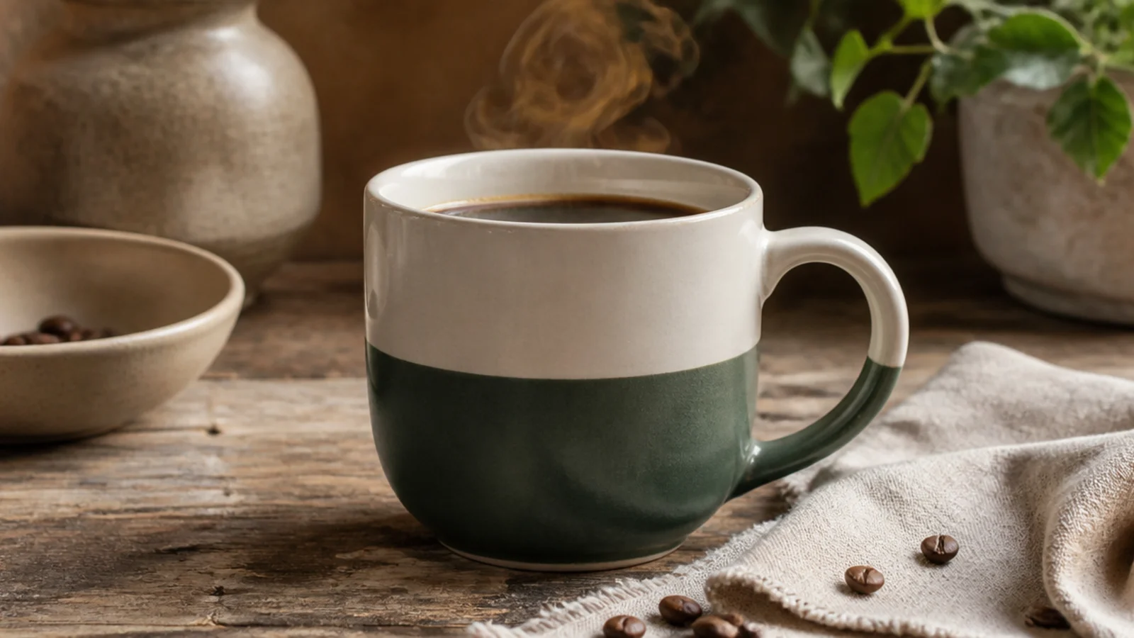 A ceramic mug divided into two colors, cream on top and forest green on the bottom, meeting at one clean line.