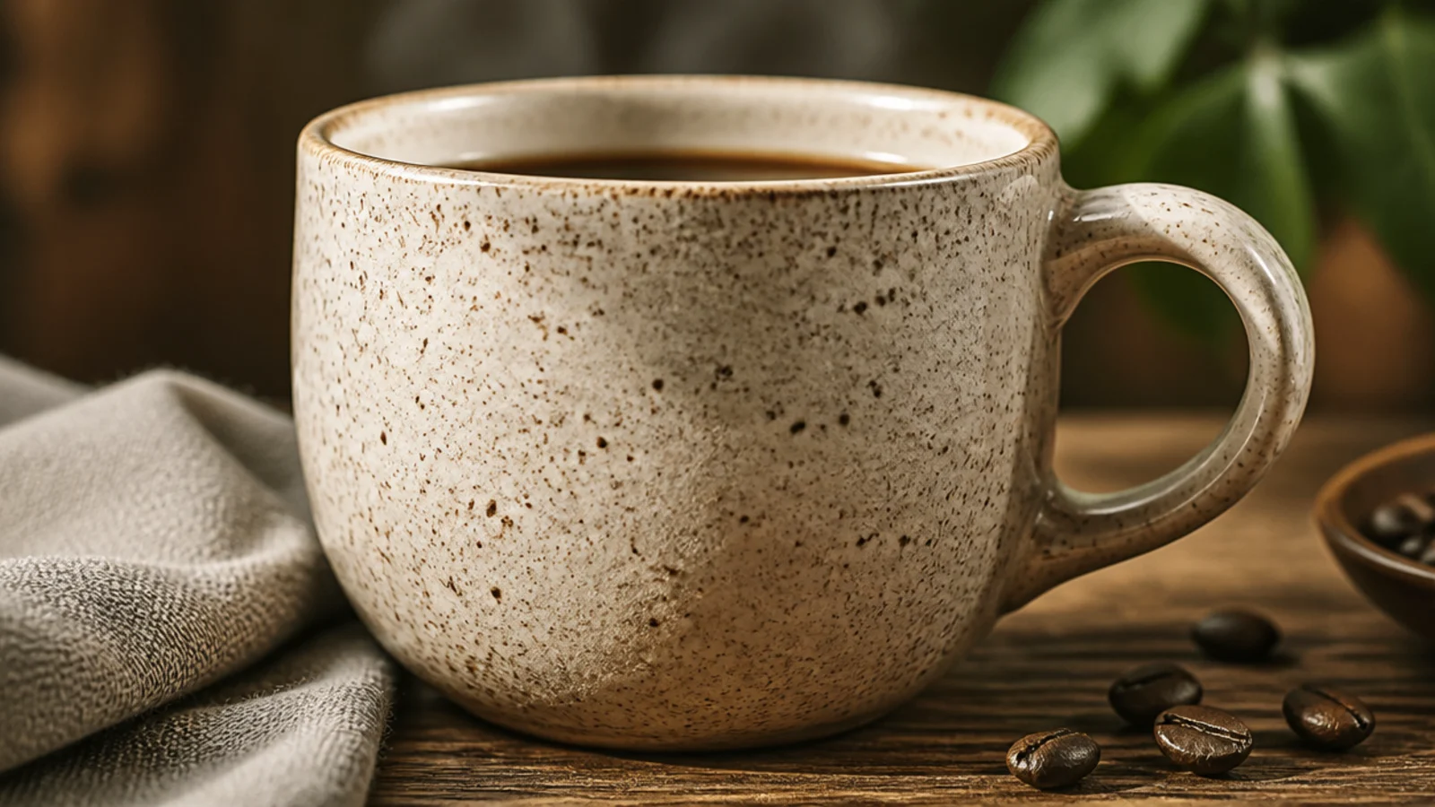 A cream ceramic mug covered in fine, evenly scattered dark brown speckles like handmade stoneware.