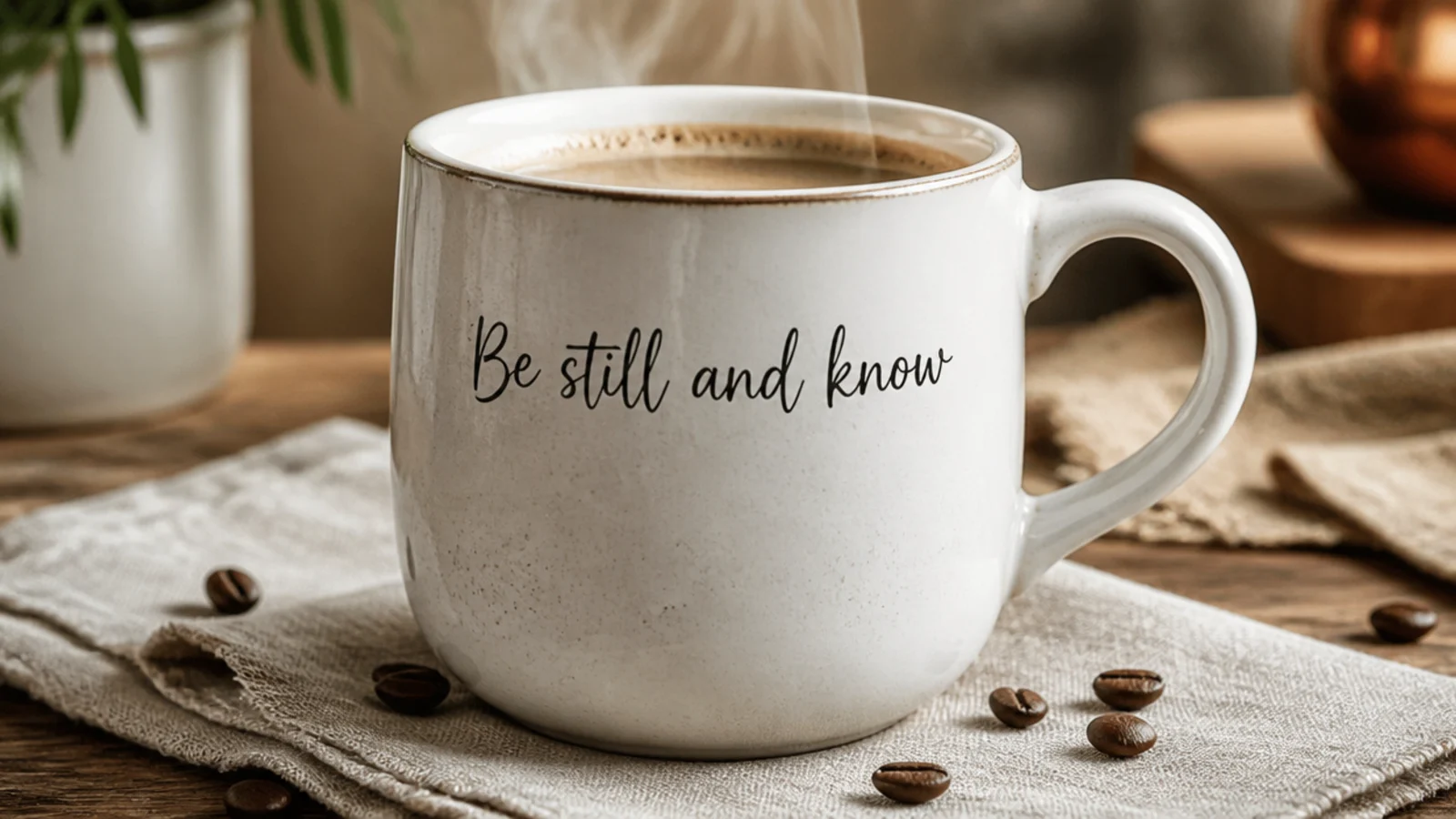 A white ceramic mug with a short phrase in black faux-calligraphy lettering across the front below the rim.