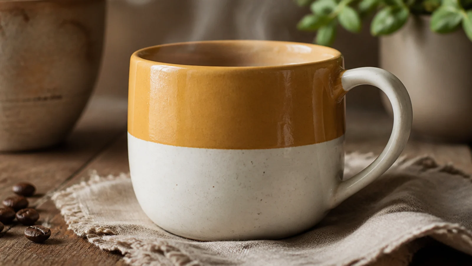 A white ceramic mug with a wide band of glossy mustard paint covering the upper third down from a half-inch below the rim.