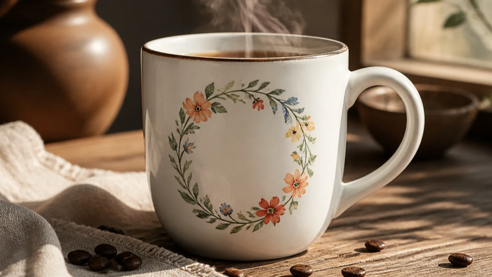 A white ceramic mug with a small ring of hand-painted flowers and green leaves encircling a blank center on the front.