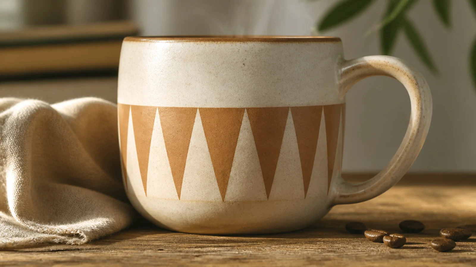 A ceramic mug with a band of crisp alternating terracotta and cream triangles wrapping around the middle.