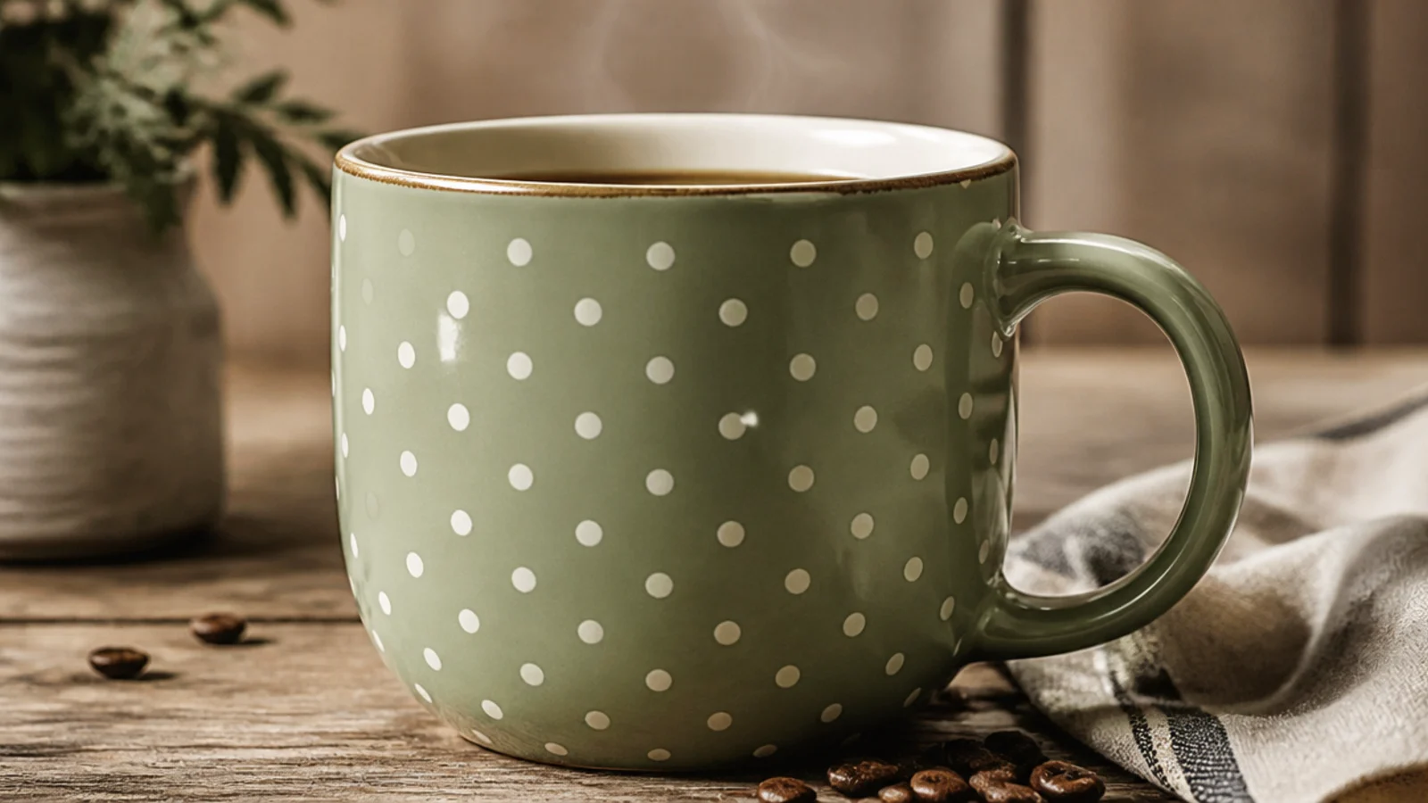 A sage ceramic mug with an evenly spaced grid of small white polka dots covering the body.