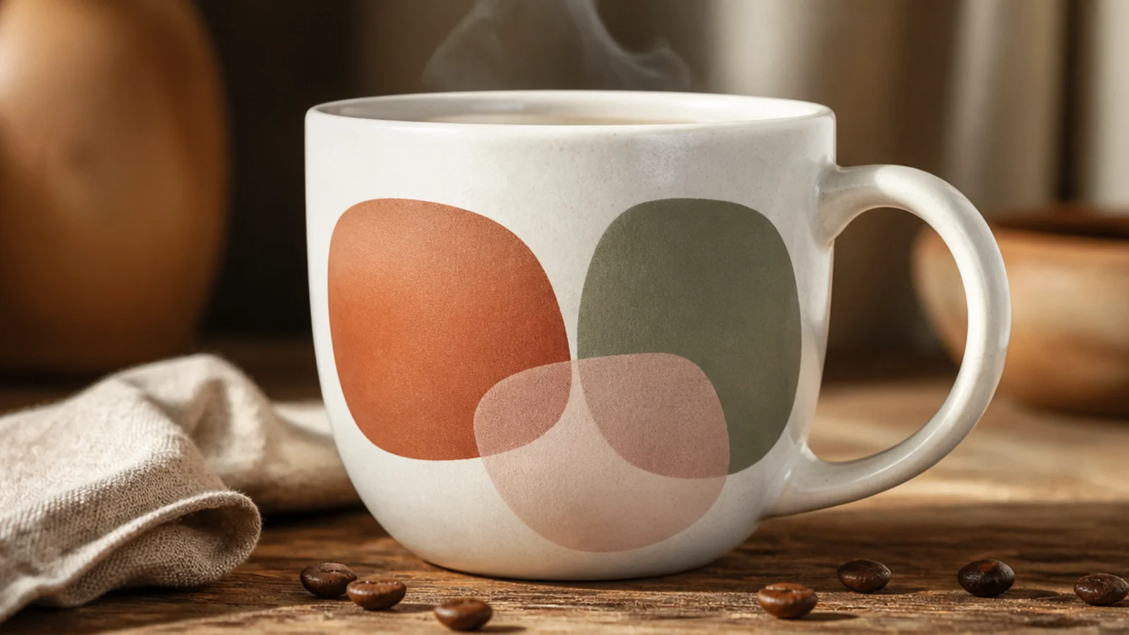 A white ceramic mug with a few organic rounded color-field shapes in terracotta, sage, and blush overlapping on the front.