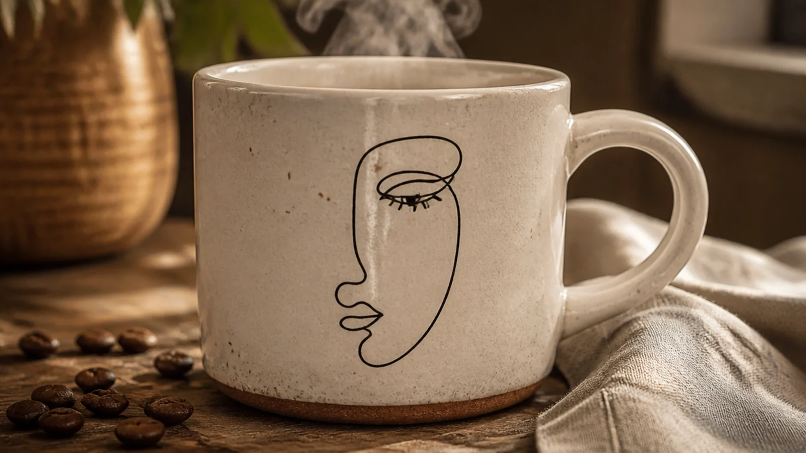 A cream ceramic mug with a single continuous black line-drawing of an abstract face - profile and eye - on the front.