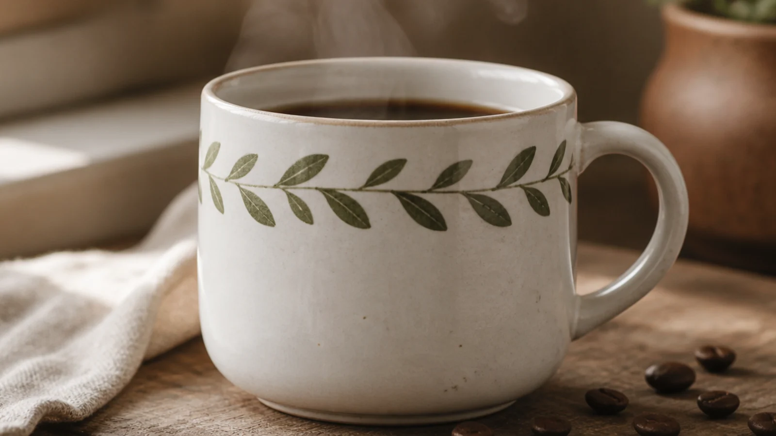 A white ceramic mug with a continuous olive-green leafy vine wrapping all the way around below the rim.