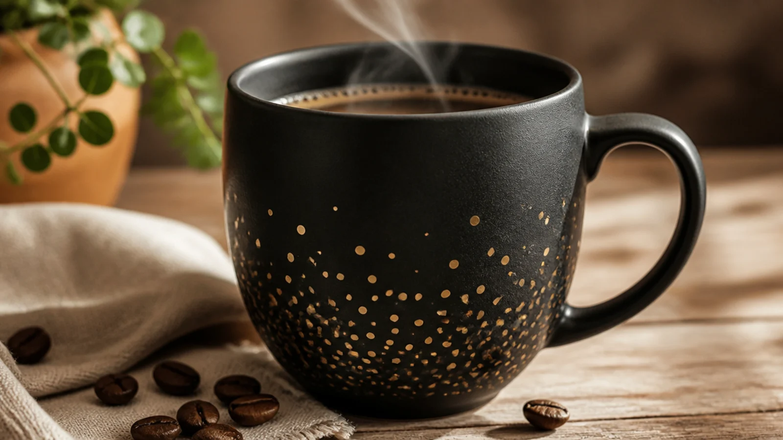 A matte black ceramic mug with a scatter of small metallic gold dots across the lower half.