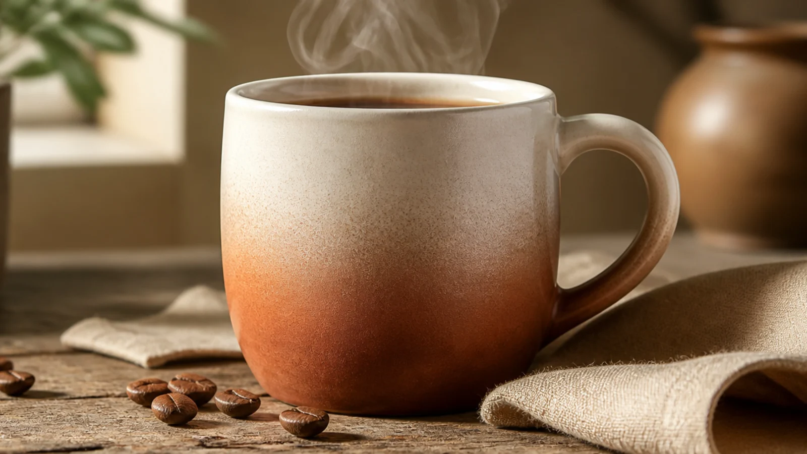 A ceramic mug with a soft terracotta-to-cream ombre, deepest at the base and fading up, with a smooth blend.