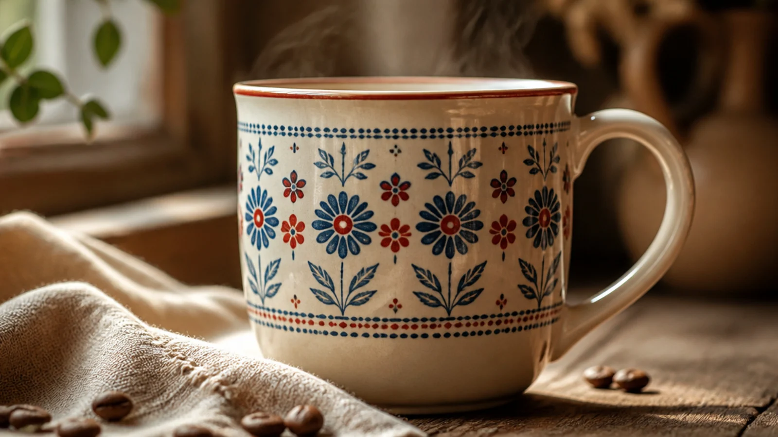 A cream ceramic mug with a symmetrical folk-style band of small flowers, dots, and leaf motifs in blue and red.
