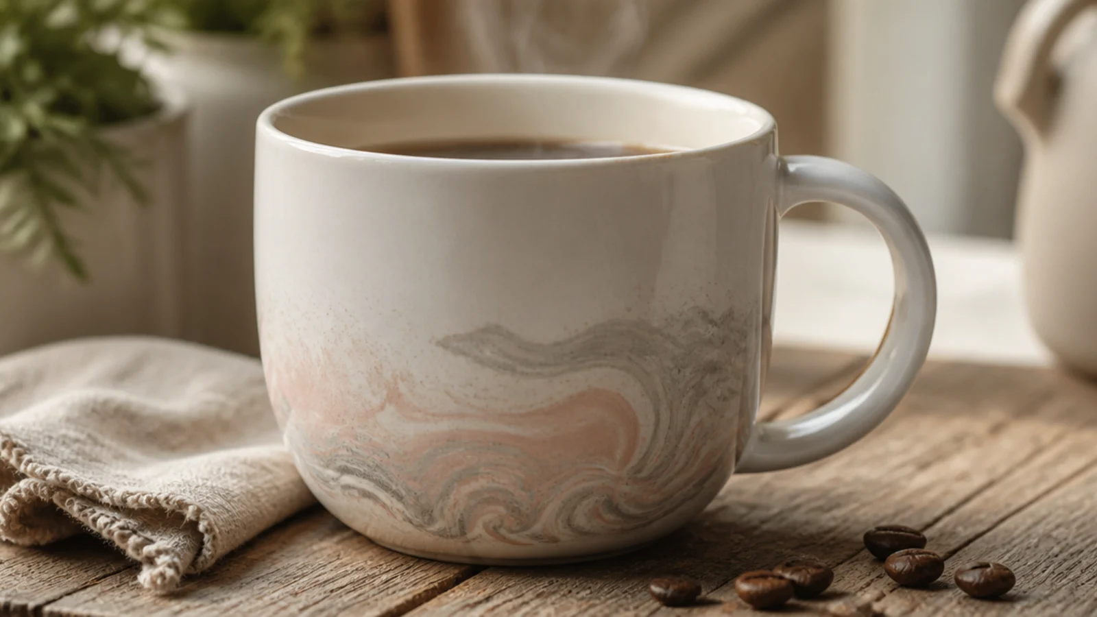 A white ceramic mug with soft swirled veins of grey and blush blending like marble across the lower body.
