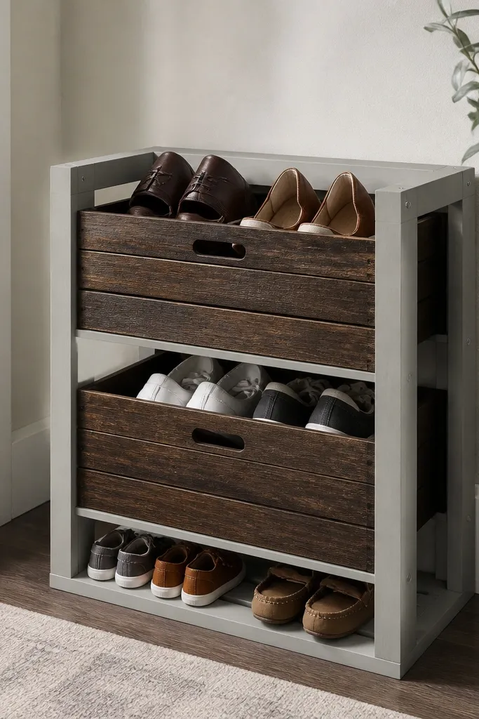 Two stacked wooden produce crates sitting in a simple rectangular frame made from painted 2x4 lumber. The crates are dark stained inside, with a light gray outer frame and a small base shelf for smaller shoes.
