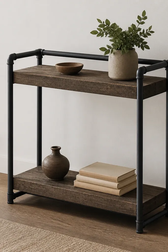 A freestanding rack with two levels made from dark reclaimed wood planks, connected by black metal pipe uprights. The pipes form a simple rectangle frame, and the shelves show visible grain with a matte finish.