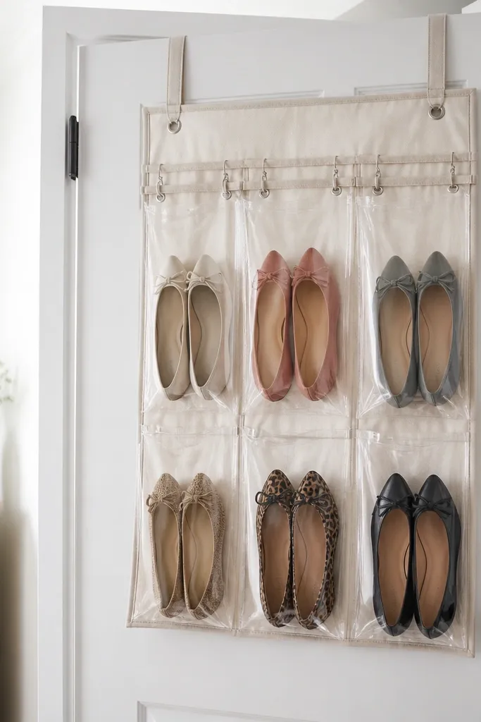 A fabric-and-strap shoe organizer hung on a door using an over-door hook, with clear plastic sleeves attached to a row of metal binder rings. The sleeves hang in neat columns, each holding a single pair of flats.