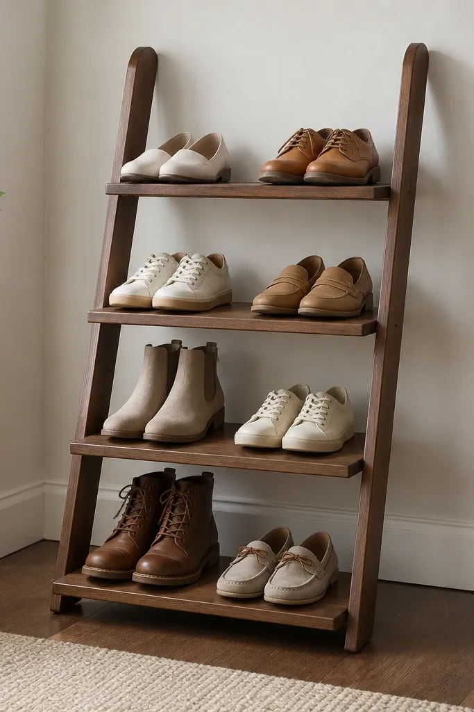 A small freestanding ladder rack with two angled wooden side rails and four horizontal steps, each step holding a pair of shoes. The wood is stained medium walnut and the ladder leans slightly back for stability.