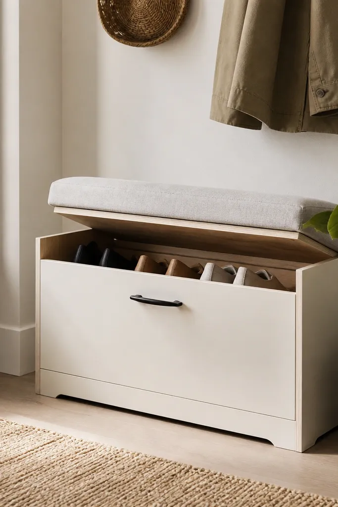 A compact plywood bench at the entry with a hinged top lid that lifts to reveal shoe storage inside. The front has a simple painted finish in off-white, with a black handle and a cushion on top.