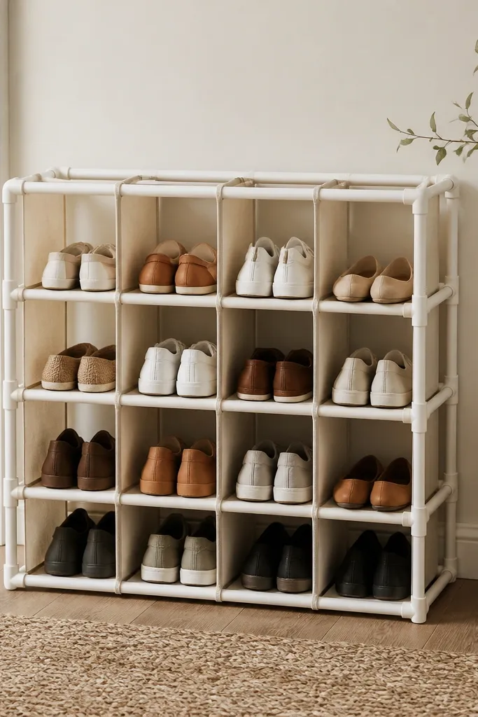A minimal freestanding shoe rack made from white PVC pipes in a grid, with fabric dividers hanging down in matching beige strips. Shoes sit in individual cubbies formed by the pipe frame.
