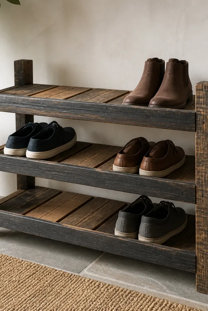 A pallet-wood shoe rack with three open tiers. Each tier has rough reclaimed slats and a darker toe-guard strip at the front edge, finished with a matte charcoal stain.