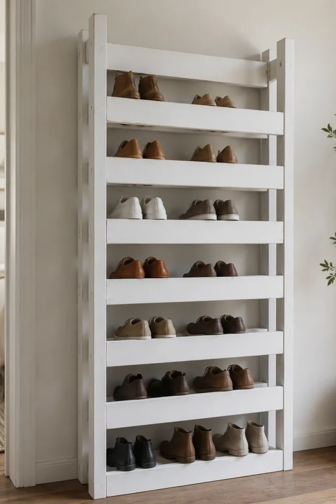 A tall shoe rack built from old bed frame slats, with two vertical rails and wide horizontal slat tiers. The wood is painted white and the back panel is open for airflow.
