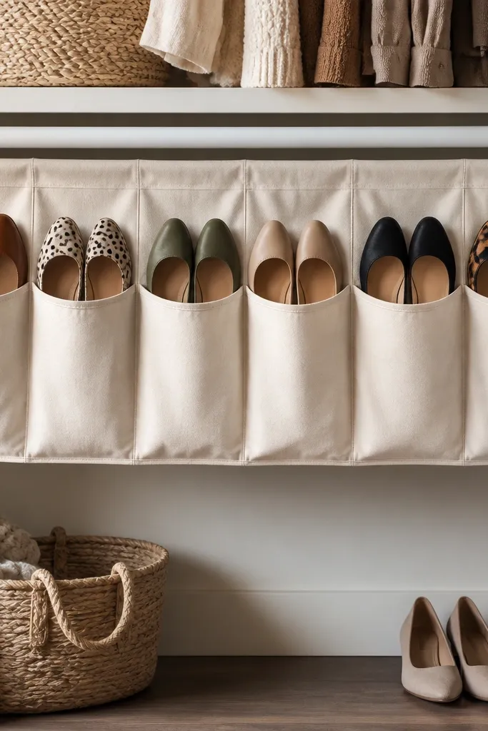 A row of fabric pockets sewn from sturdy canvas hanging from a tension rod inside a closet. Each pocket is separated by stitched seams and holds one pair of flats.