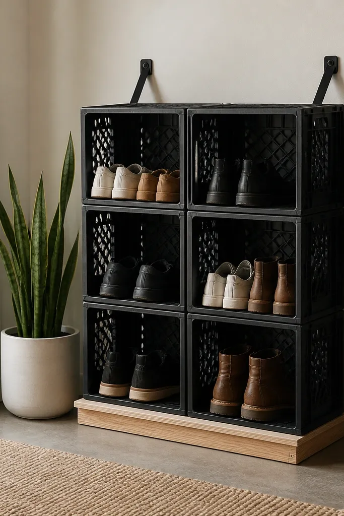 A freestanding shoe rack made from stacked milk crates on a plywood base. The crates are painted black, and two fabric wall straps hold the top crate to the wall for safety.