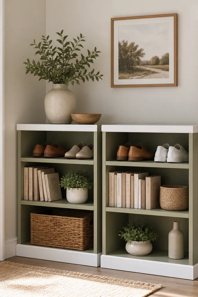 Two small matching bookcases pushed into a corner, with the top shelf removed from each to create open compartments for shoes. The units are painted a soft sage green with white trim.