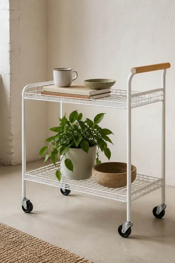 A small rolling cart made from two wire shelves mounted to a frame, with four caster wheels. The cart is painted matte white and has a thin wood handle on one side.
