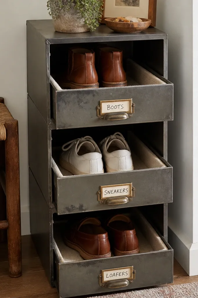 A vertical shoe rack made from three repurposed metal file drawers stacked with open fronts partly visible. Each drawer has a fabric liner and holds one shoe category, with small labels taped to the drawer pulls.