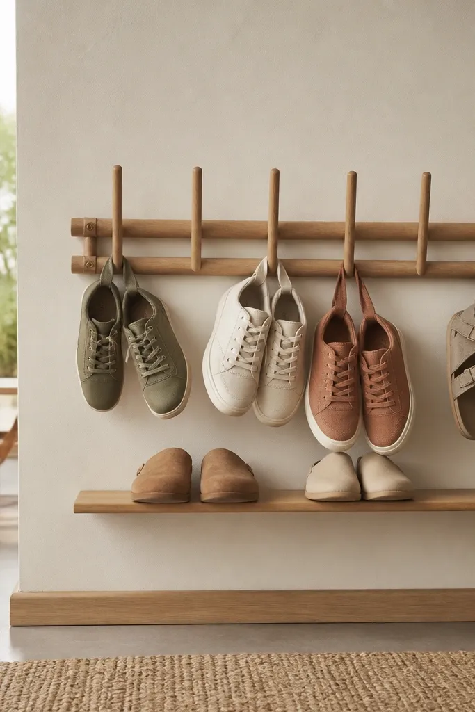 A wall-mounted rack made from two horizontal wooden dowels with several vertical dowel pegs. Shoes hang by their loops or straps from individual pegs, with a small base shelf for slip-ons.