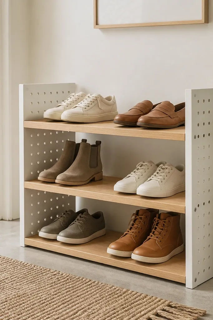 A shallow freestanding shoe rack with two pegboard side panels and three 1x4 shelves. The pegboard is painted white, and the shelves are stained light oak for contrast.