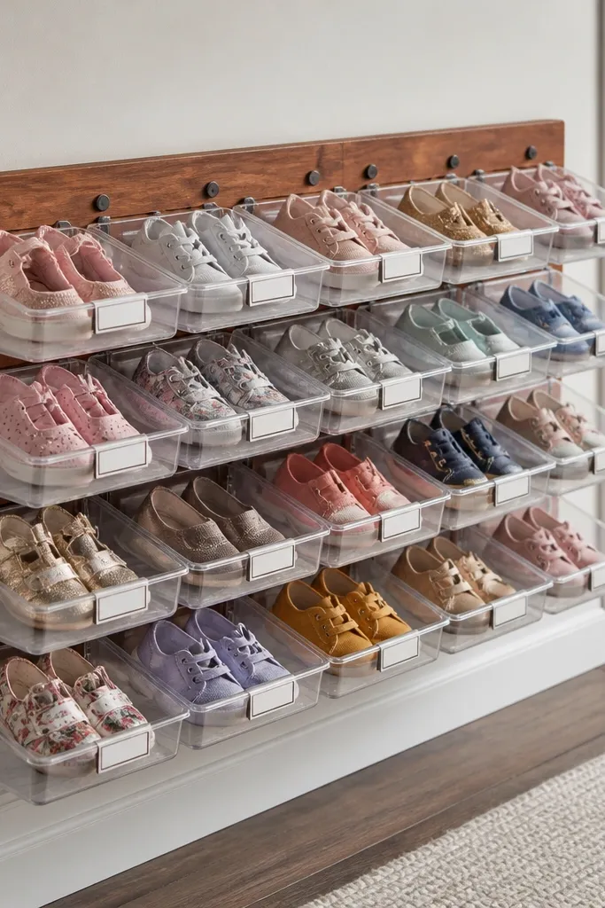 A neat shoe rack made from a long wood rail with multiple stacked clear plastic bins attached in rows. Each bin has a label and holds a pair of small shoes like kids' sneakers and flats.