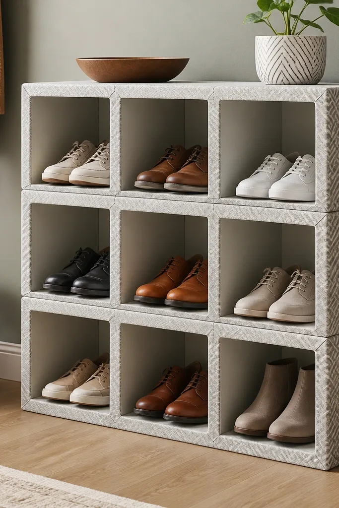 A stackable rack made from covered foam insulation panels cut into cube compartments. The foam is wrapped with patterned fabric or vinyl, and the compartments are aligned like a modular shoe organizer.