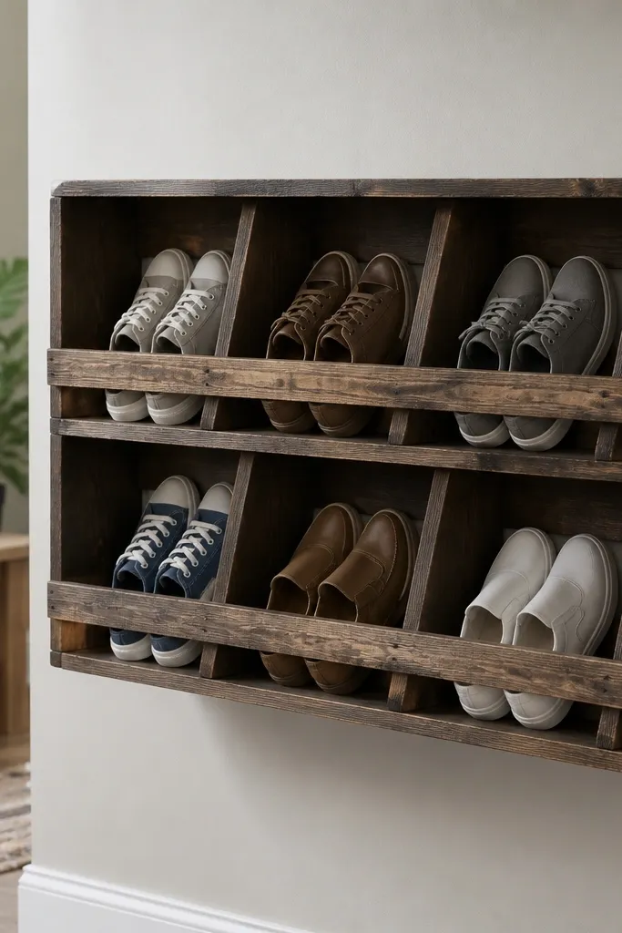 A wall-mounted pallet shelf with angled wooden pieces inside each compartment that hold shoes at a slight tilt. The wood is stained dark and the shelf has a front rail.