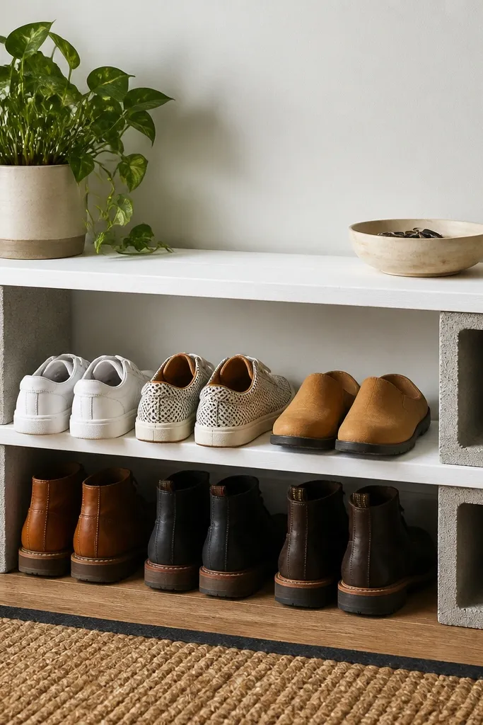 A floor shoe rack built with two stacked cinder blocks laid horizontally, with scrap wood planks resting across the top. The wood shelves are painted white and the blocks are left gray.