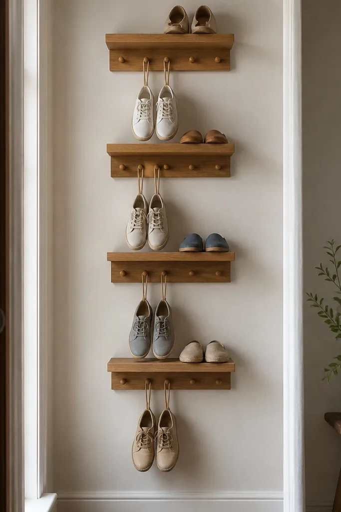 A narrow wall rack made from picture ledges, with peg hooks under each ledge. Shoes hang by laces on the hooks, and small slip-ons sit on the ledges.