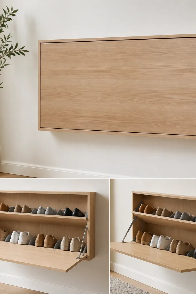 A wall cabinet-style shoe rack with a fold-down shelf and hinged panels. When closed, it looks like a flat door; when opened, it reveals two rows of shoe slots.
