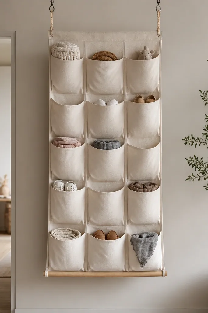 A hanging shoe organizer with multiple fabric pockets, plus a wooden dowel sewn into the bottom edge. The pockets are aligned in columns and the rack is suspended from two ceiling hooks.