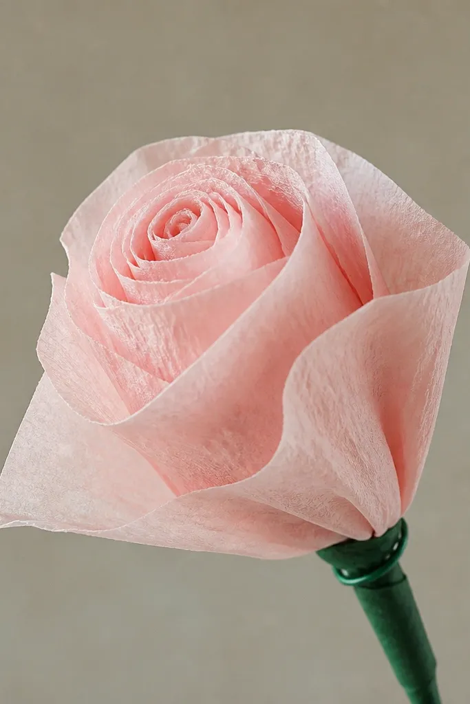 A single rolled tissue rose bud in soft blush pink with a tight spiral center, fanned outer layers, and a short green stem wired with twist ties.