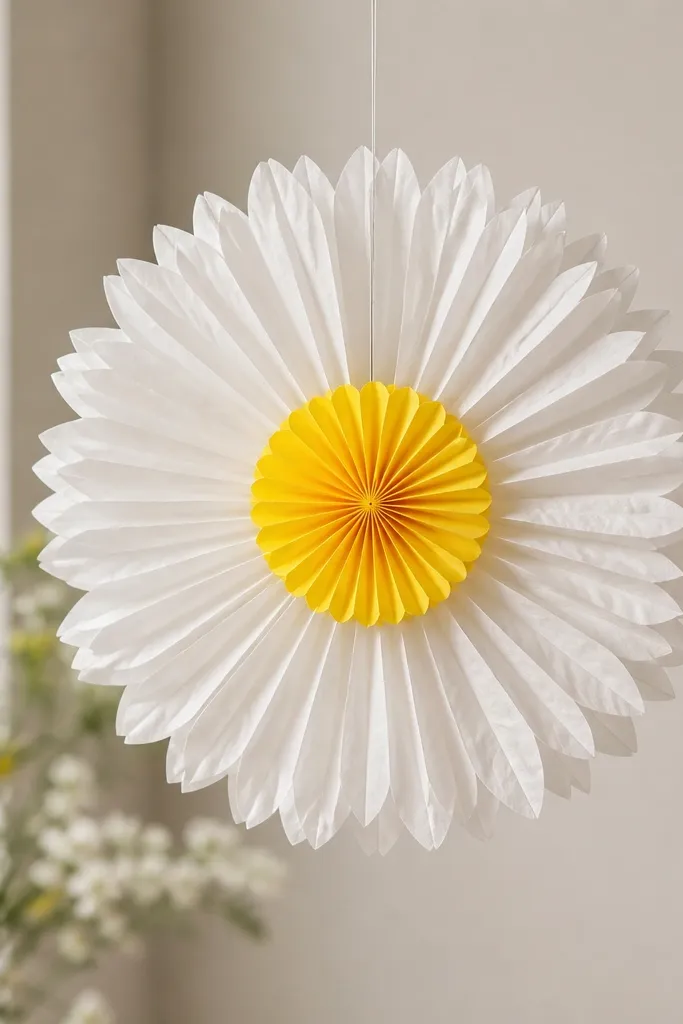A daisy made from white and yellow tissue fans, with crisp folded edges and a bright yellow center disk, shown hanging from thin fishing line.
