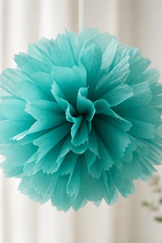 A fluffy tissue pom-pom in teal with subtle fringe along the edges, layered tissue sheets visible around a tight center knot.