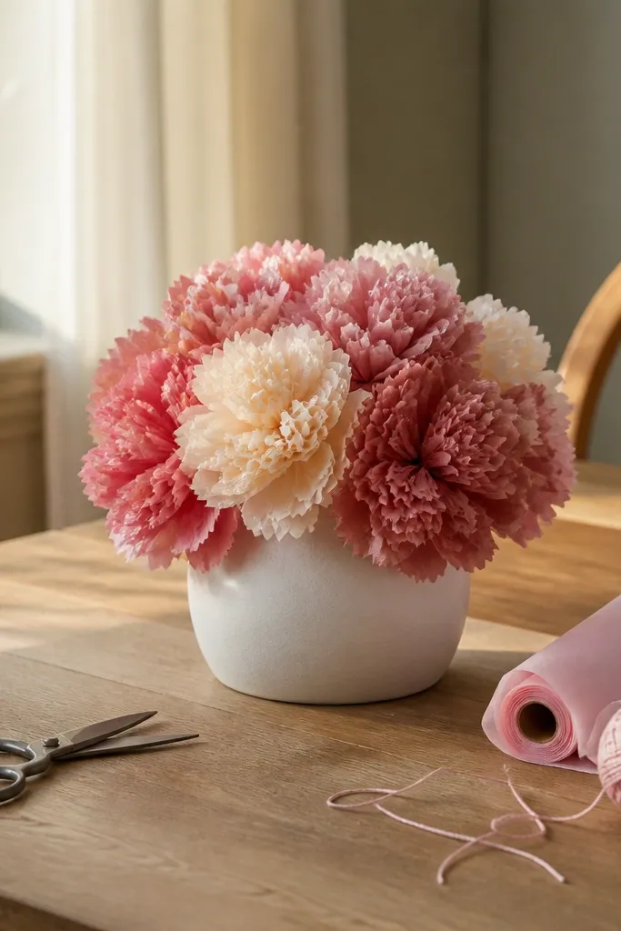 A peony-like cluster in dusty rose and cream, with multiple small puffed petals layered around a soft center, mounted on a foam base.