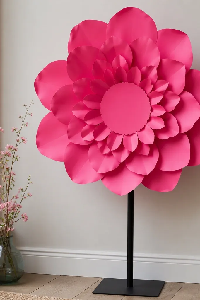 A giant paper flower in hot pink with layered petals, mounted against a wall on a black stand, with a scalloped center disk.
