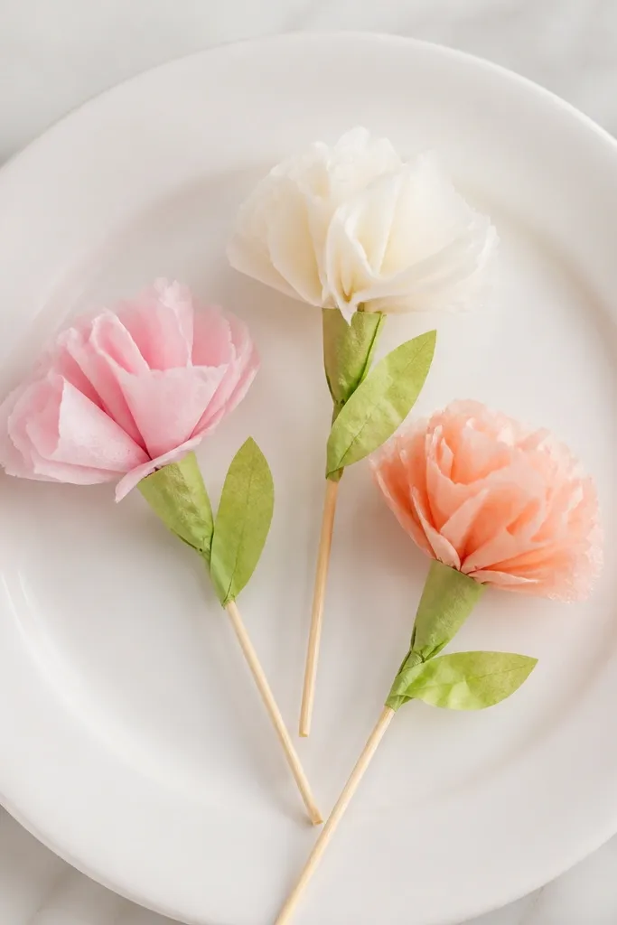 Three small tissue flowers attached to cocktail sticks, with tiny green leaves made from tissue scraps, arranged on a white plate.
