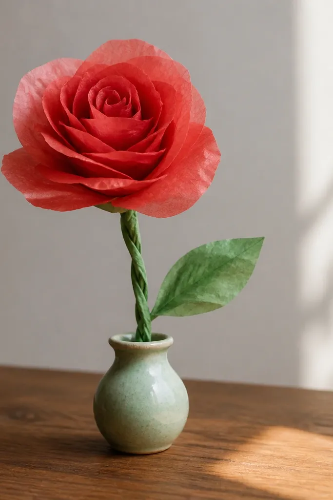 A rose made from layered tissue strips with a twisted ribbon-like stem in green, sitting in a small vase on a wooden table.