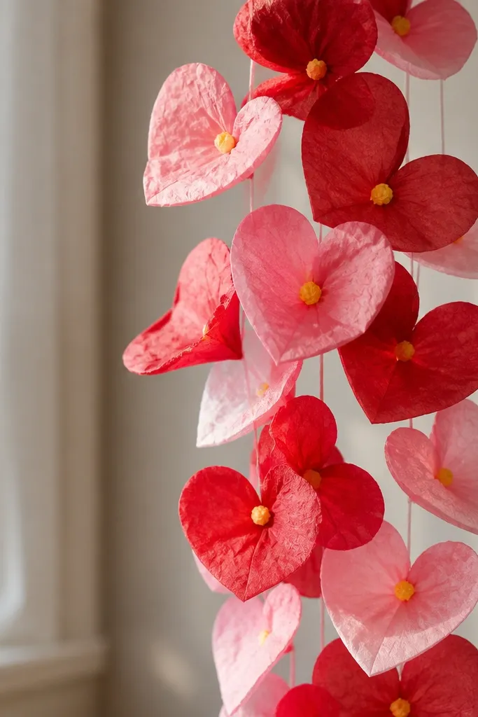 A cluster of heart-shaped tissue flowers in pink and red, each with a small yellow center, displayed as a hanging garland.
